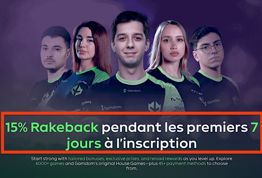 Joueurs esport mis en avant sur Gamdom avec une banni&egrave;re promotionnelle annon&ccedil;ant 15 % de rakeback pendant les 7 premiers jours apr&egrave;s l&rsquo;inscription