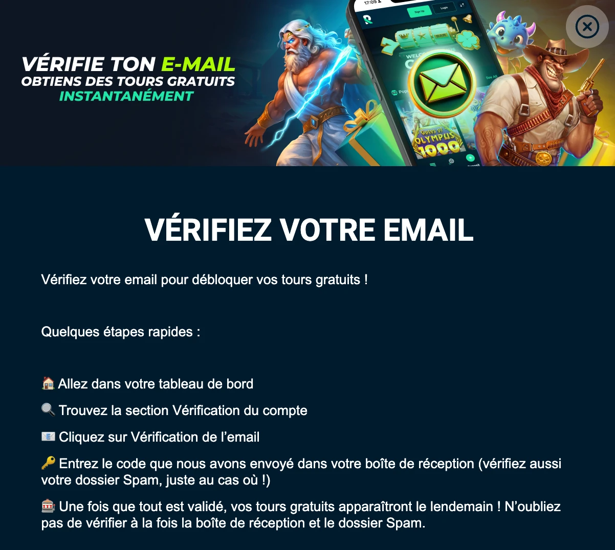 V&eacute;rification d'email Rolletto pour gagner 20 free spins sans avoir besoin de faire un d&eacute;p&ocirc;t.