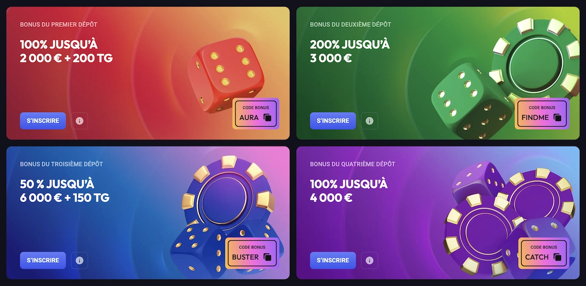 Quatre bonus de bienvenue affich&eacute;s sur Spin Aura Casino avec les codes AURA, FINDME, BUSTER et CATCH