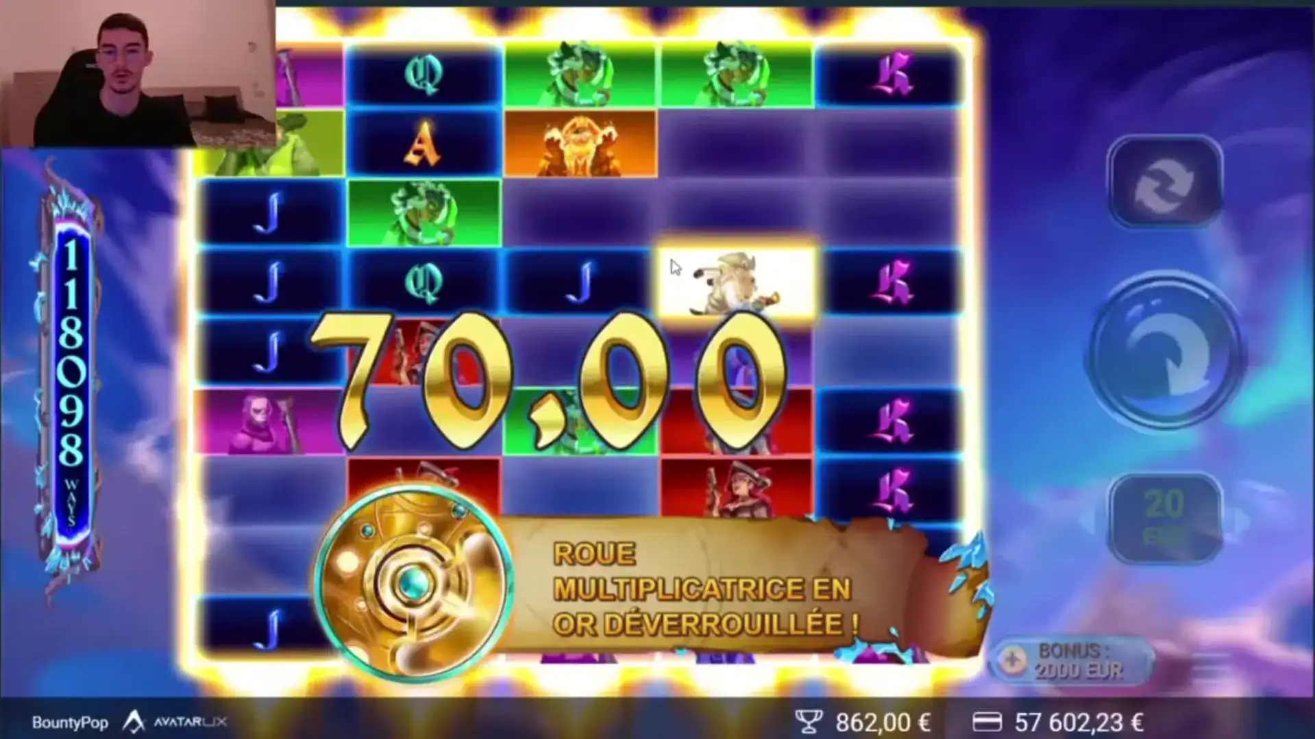 Loopoo en roue multiplicatrice sur BountyPop, gain à 70 € et solde à 57 602 €