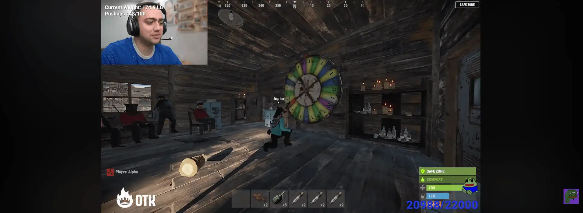 Mizkif en stream sur un jeu vidéo avec le logo OTK visible, webcam en haut à gauche et compteur de pompes affiché.