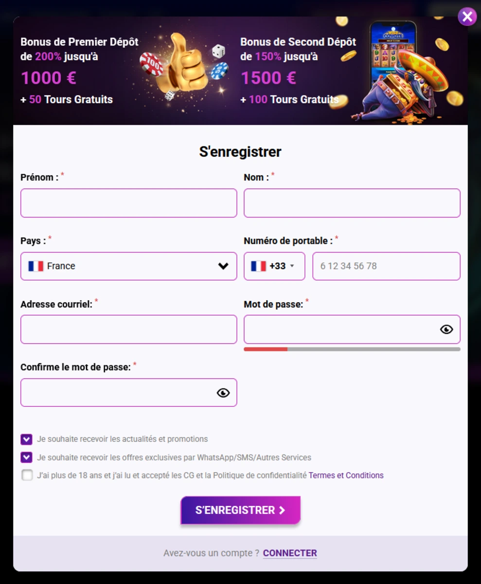 Screenshot de la page d'inscription du site europe fortune casino