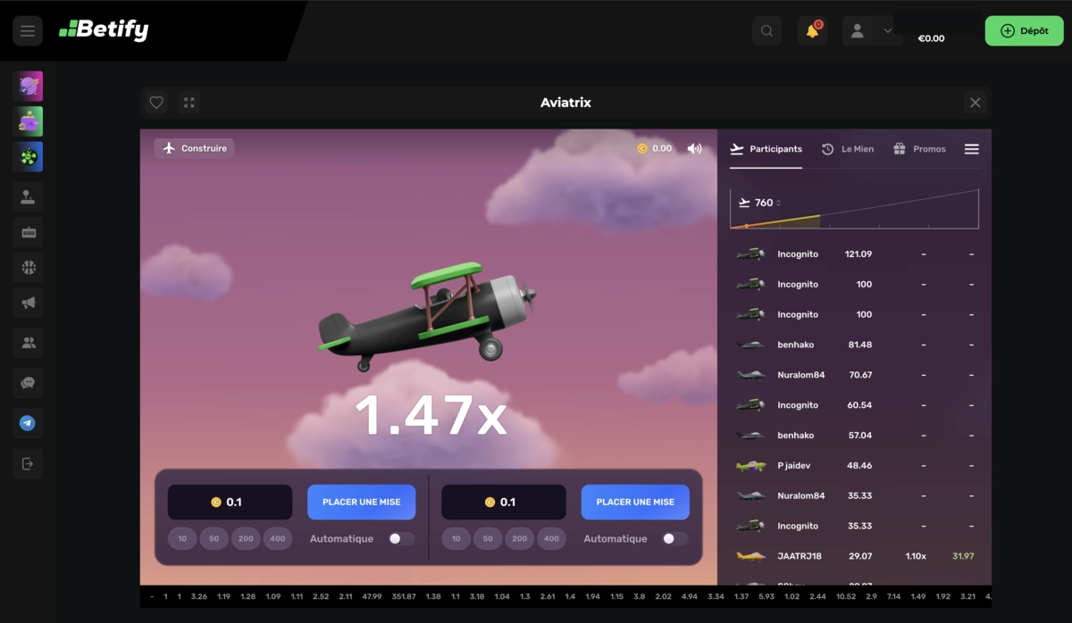 capture d'écran du jeu aviatrix sur le site betify en français