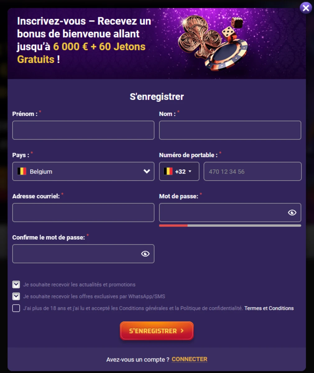 Screenshot de la page d'inscription du site play regal plus casino