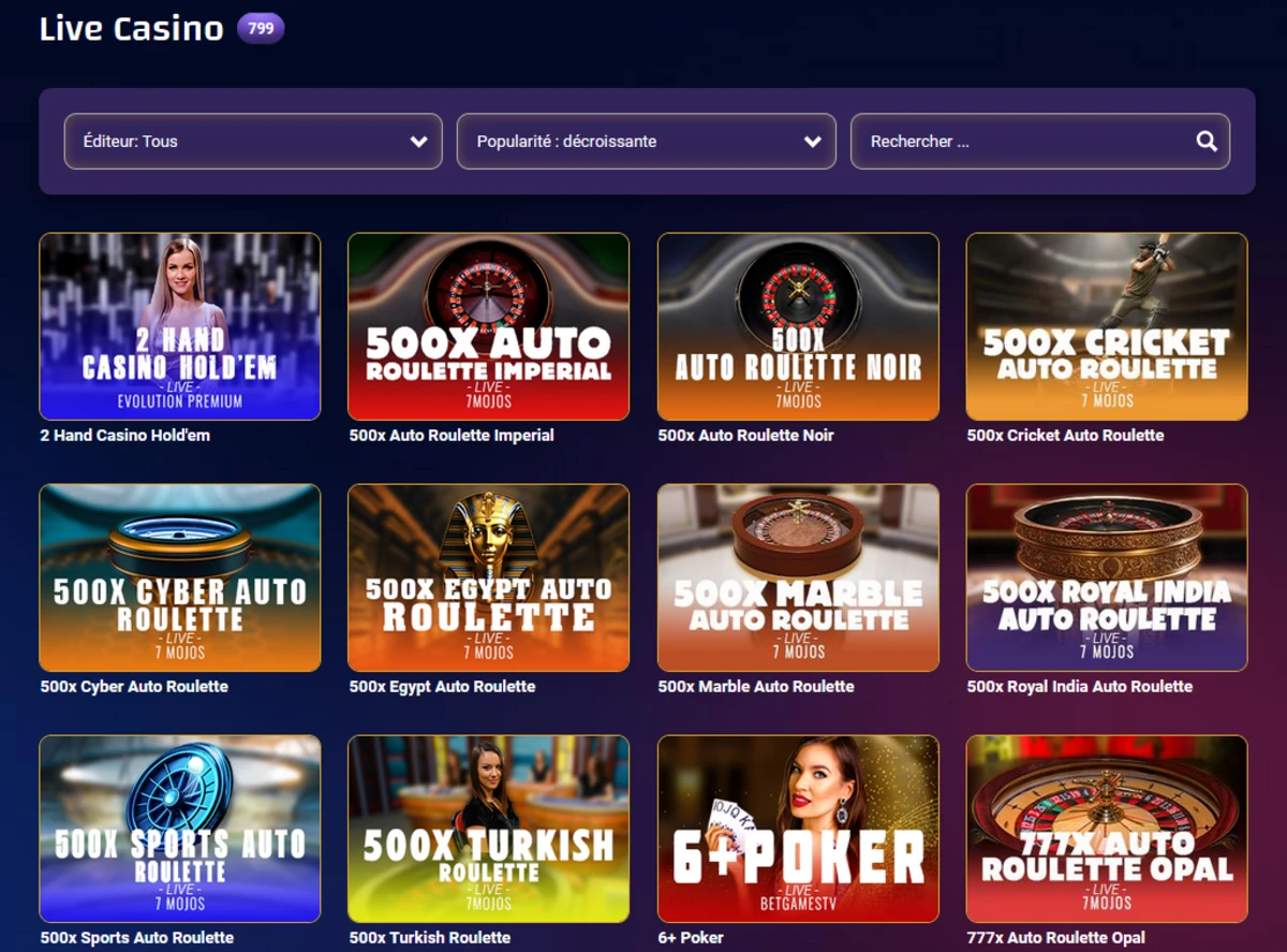 Screenshot des jeux live du casino en ligne play regal plus casino