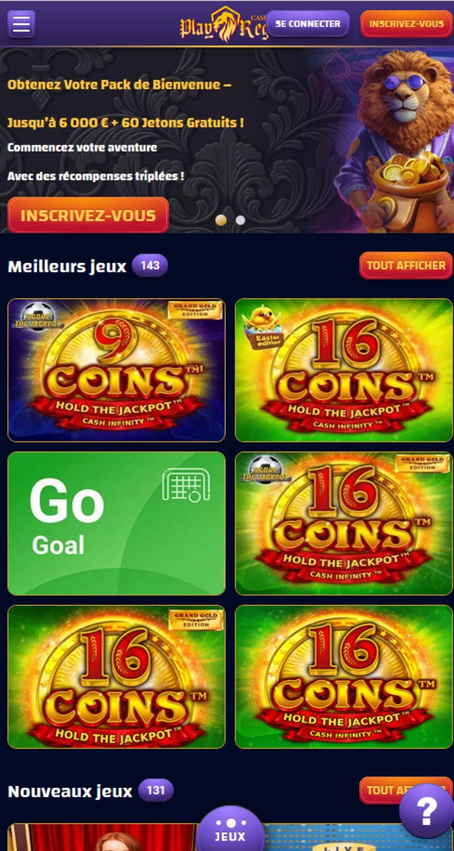Screenshot de l'interface mobile du casino en ligne play regal plus casino
