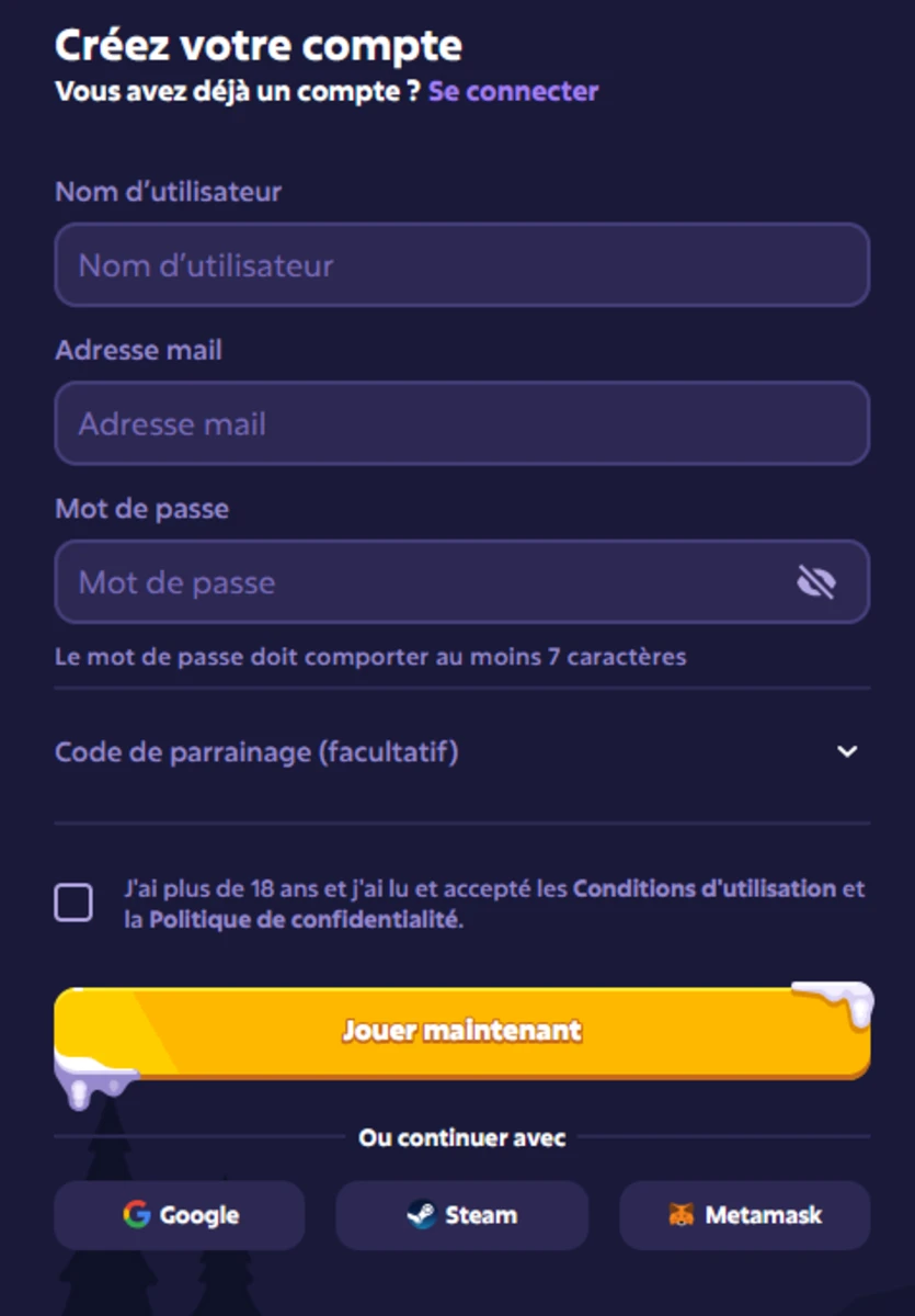 Screenshot de la page d'inscription du site Roobet plus casino