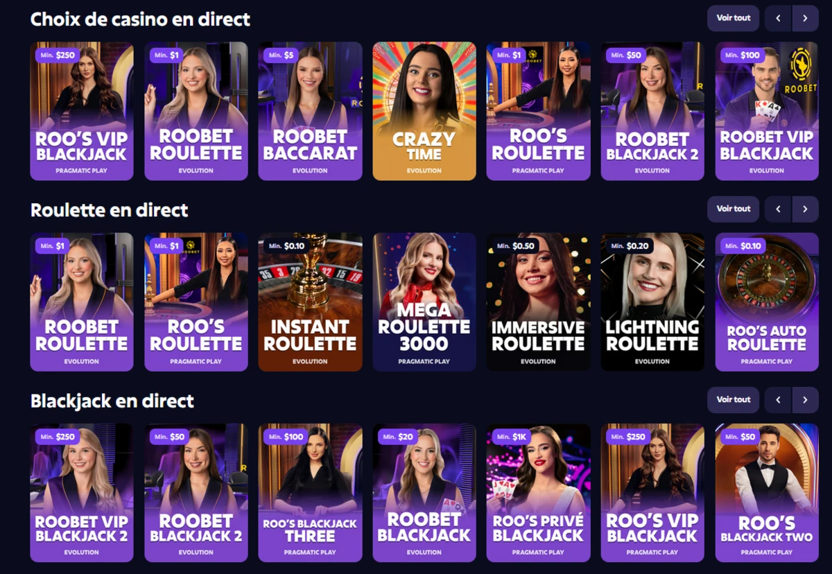 Screenshot des jeux live du site Roobet plus casino
