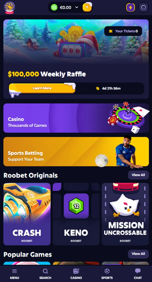 Screenshot de la version mobile du site Roobet plus casino