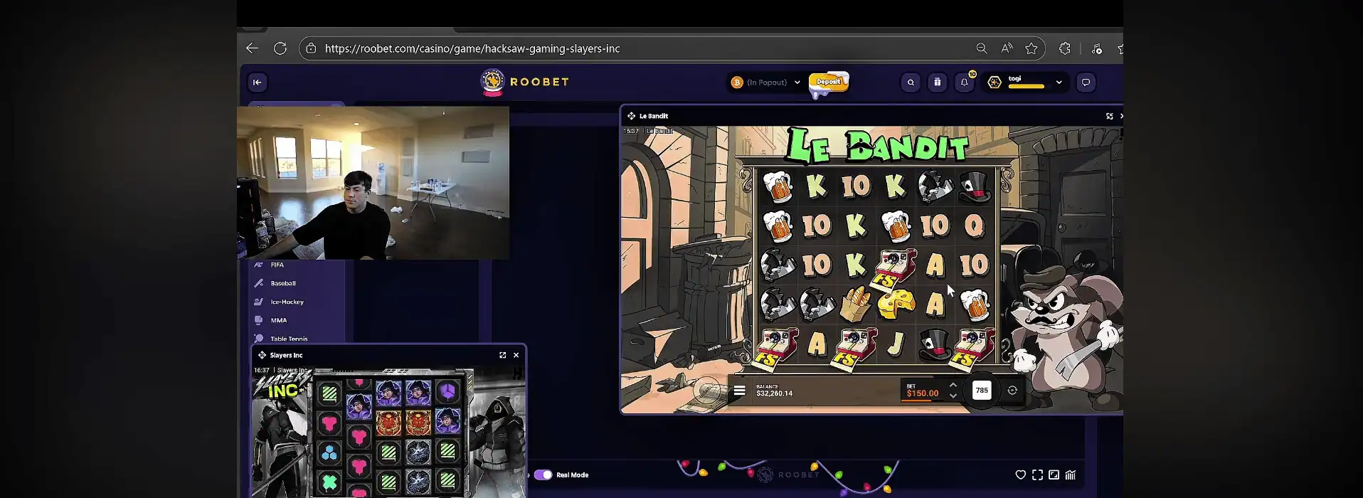 Togi en stream sur la machine à sous Le Bandit sur Roobet, avec un solde de 32 260 dollars affiché à l'écran.