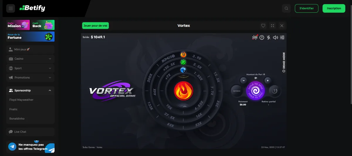 capture d'&eacute;cran du jeu vortex sur le site betify en fran&ccedil;ais