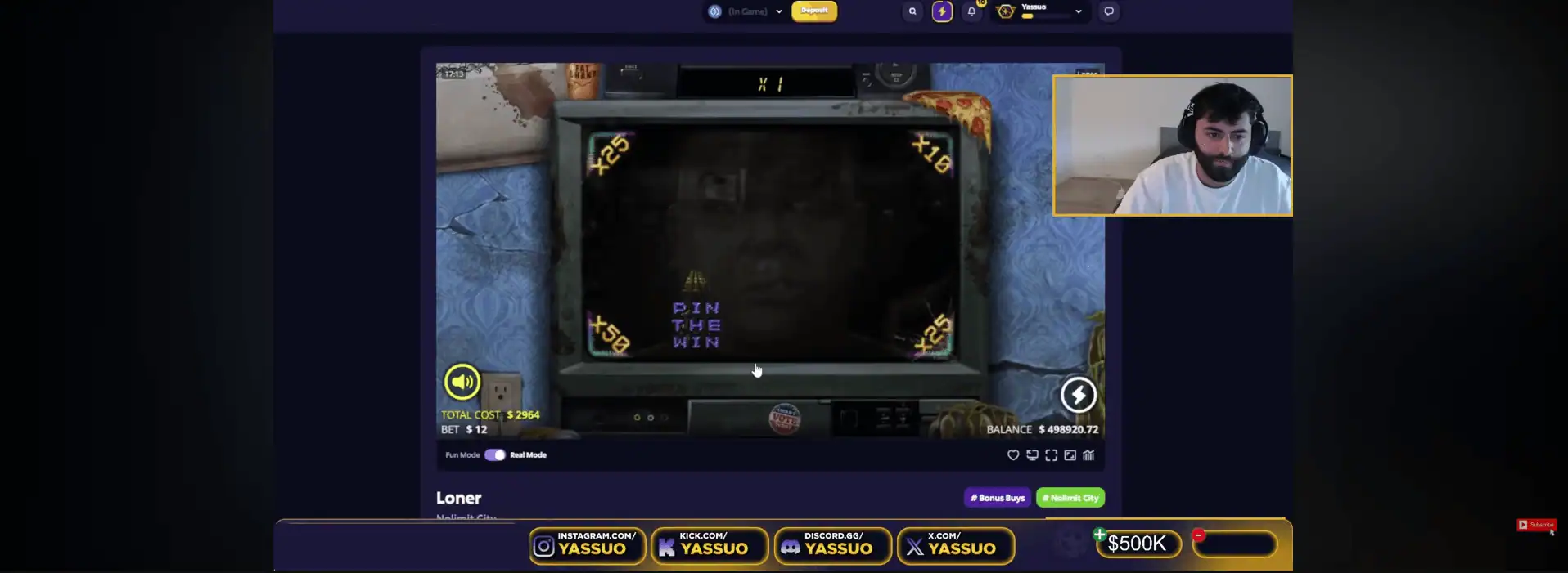 Yassuo en stream sur la machine à sous Loner de Nolimit City, avec un solde de 498 920 dollars affiché sur Kick.