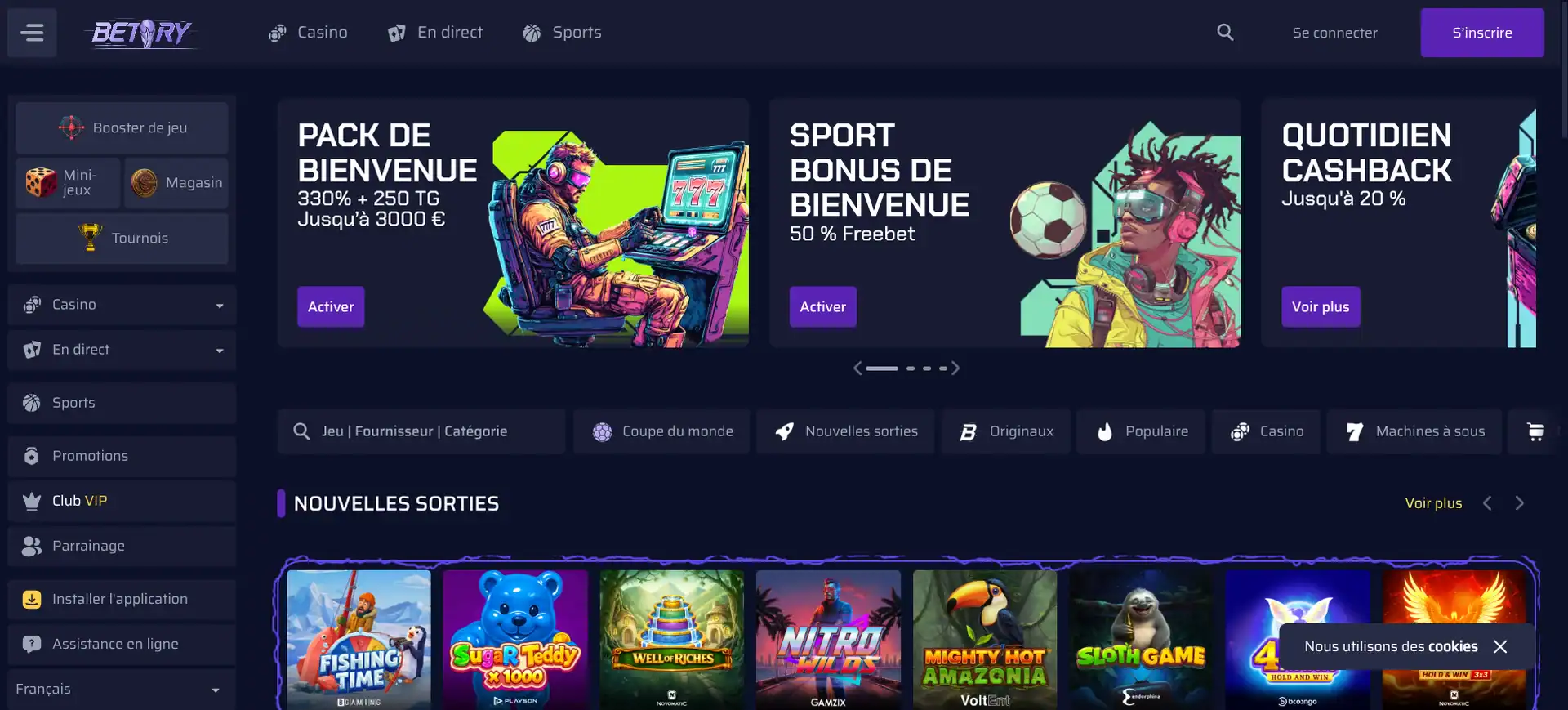 Capture d'écran de la page d'accueil de Betory Casino en français avec le pack de bienvenue et une grille de machines à sous récentes.