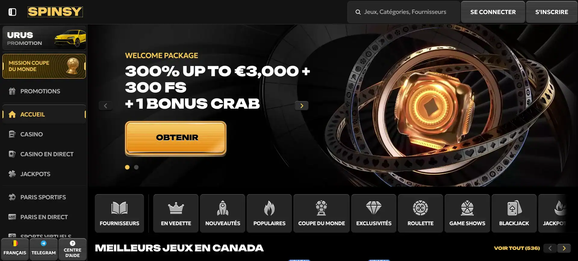 page d'accueil du casino Spinsy avec le bonus de bienvenue 300 % jusqu'à 3 000 €