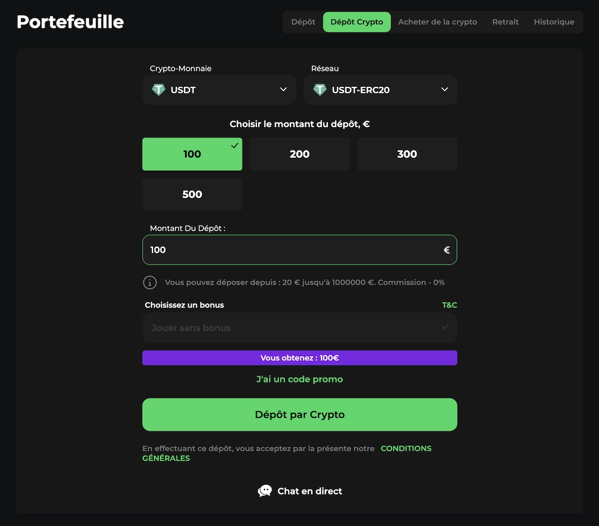 page de dépôt crypto sur Betify pour acheter de l'USDT en ERC20 pour jouer sur le casino en ligne