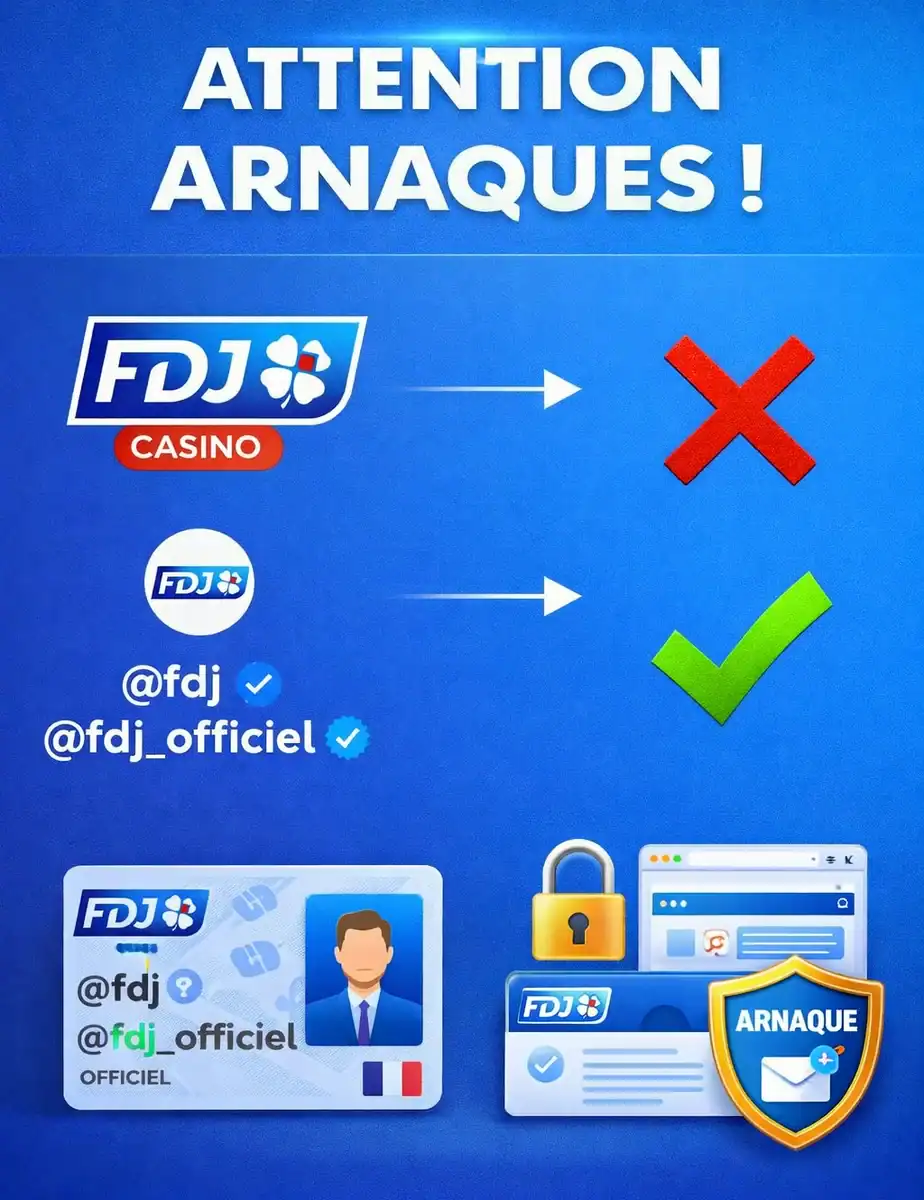Visuel d'alerte de la FDJ sur les arnaques au casino en ligne, avec le logo FDJ Casino barré d'une croix rouge et les comptes officiels @fdj et @fdj_officiel validés.