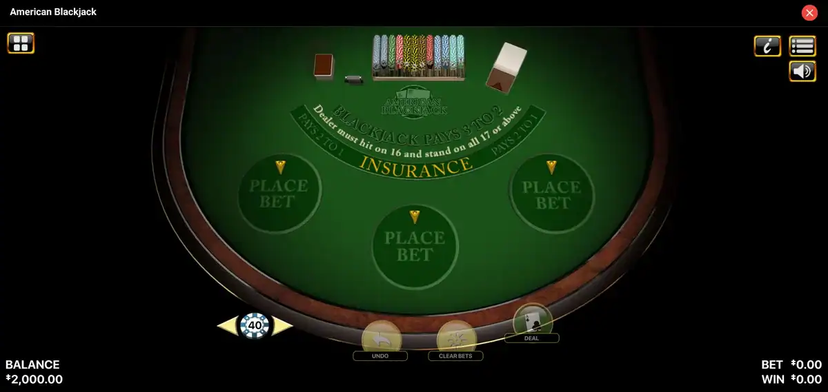 Table de l'American Blackjack par Betsoft avec 3 positions de jeu et les règles affichées sur le feutre vert.