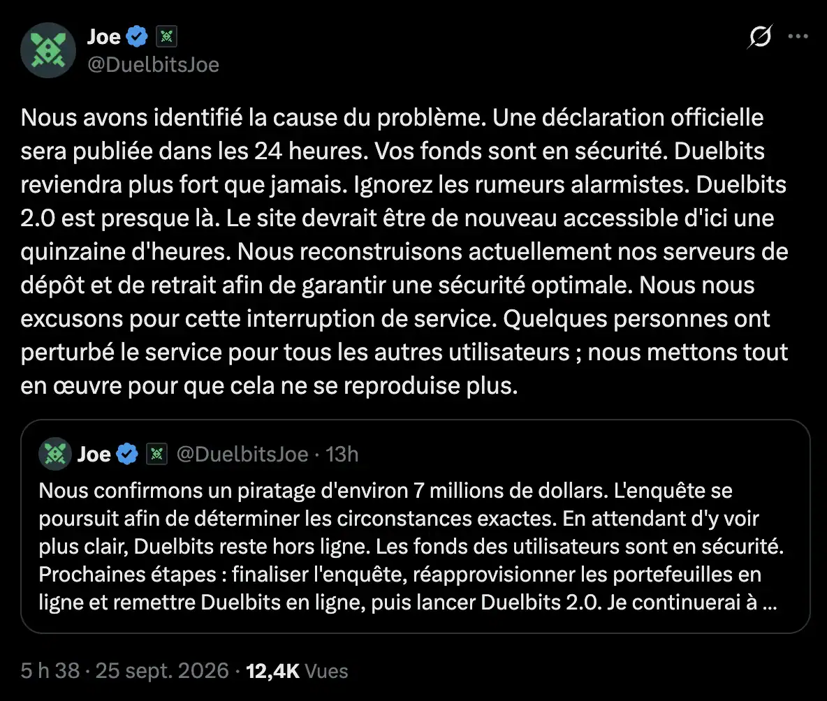 Message du cofondateur de Duelbits sur X le 25 septembre 2026, qui annonce le retour du site après le hack.