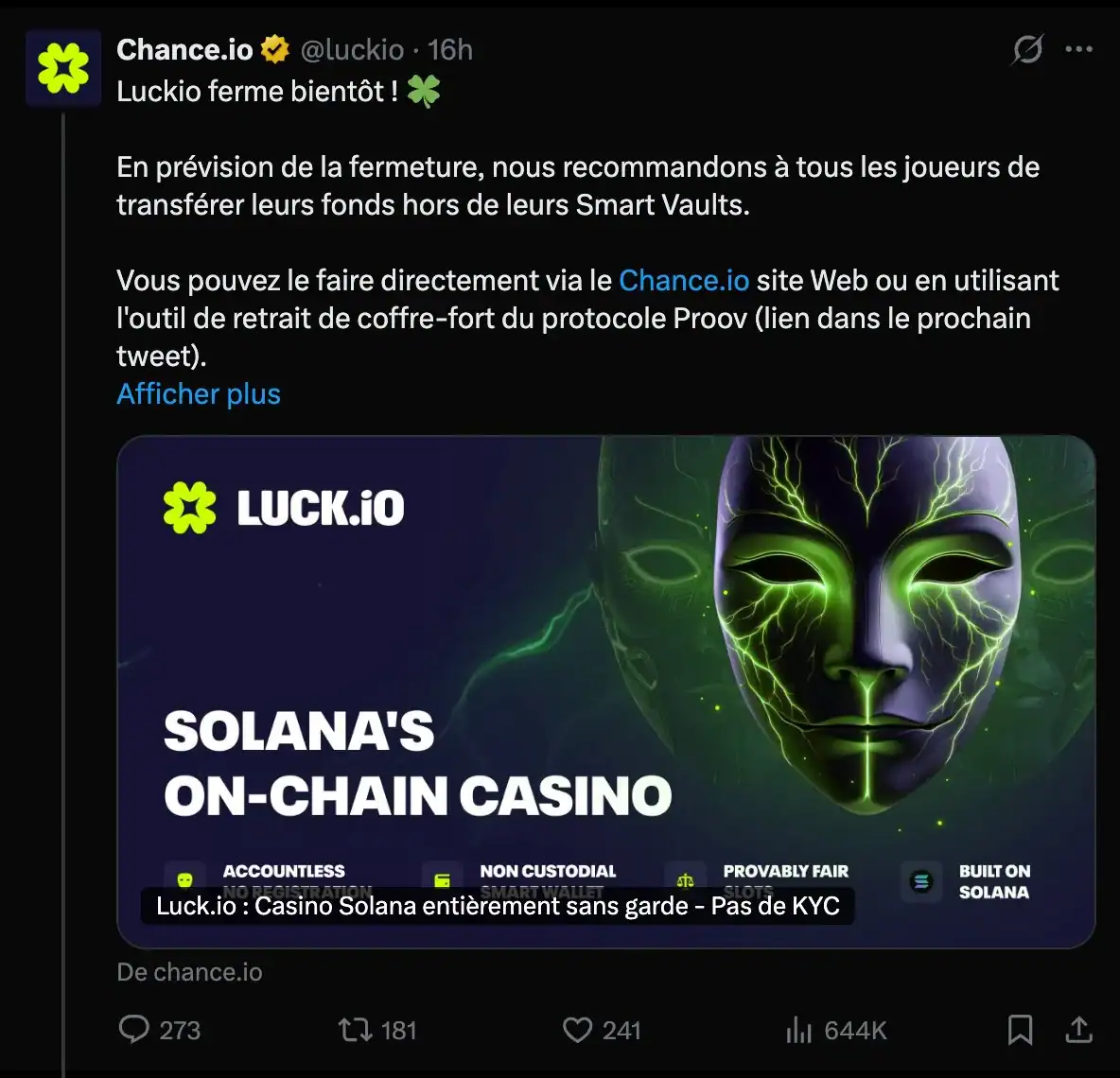 Post X du compte officiel Luck.io annonçant la fermeture prochaine du casino et demandant aux joueurs de retirer leur argent de leurs Smart Vaults.