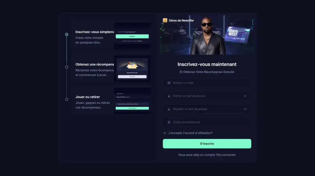 Faux casino en ligne qui usurpe le nom de Kanye West, avec sa photo et une bannière OFFICIAL PARTNER à côté du formulaire d'inscription. Les fausses étapes promettent une récompense gratuite et un retrait de 1000 dollars pour appâter les joueurs.