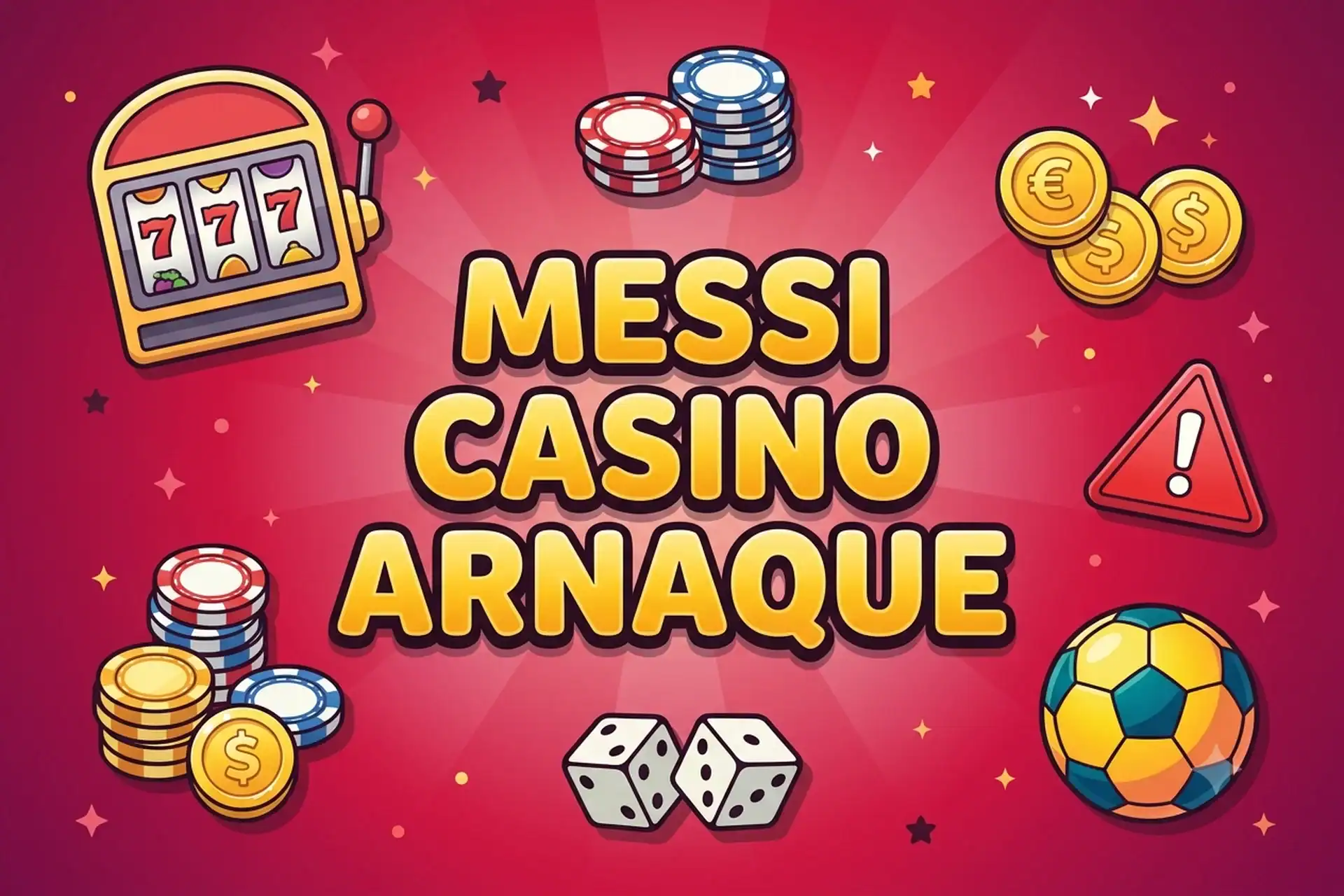Illustration cartoon d'un faux casino Messi avec une machine à sous, des jetons, un ballon de foot et un panneau d'alerte rouge pour signaler l'arnaque.