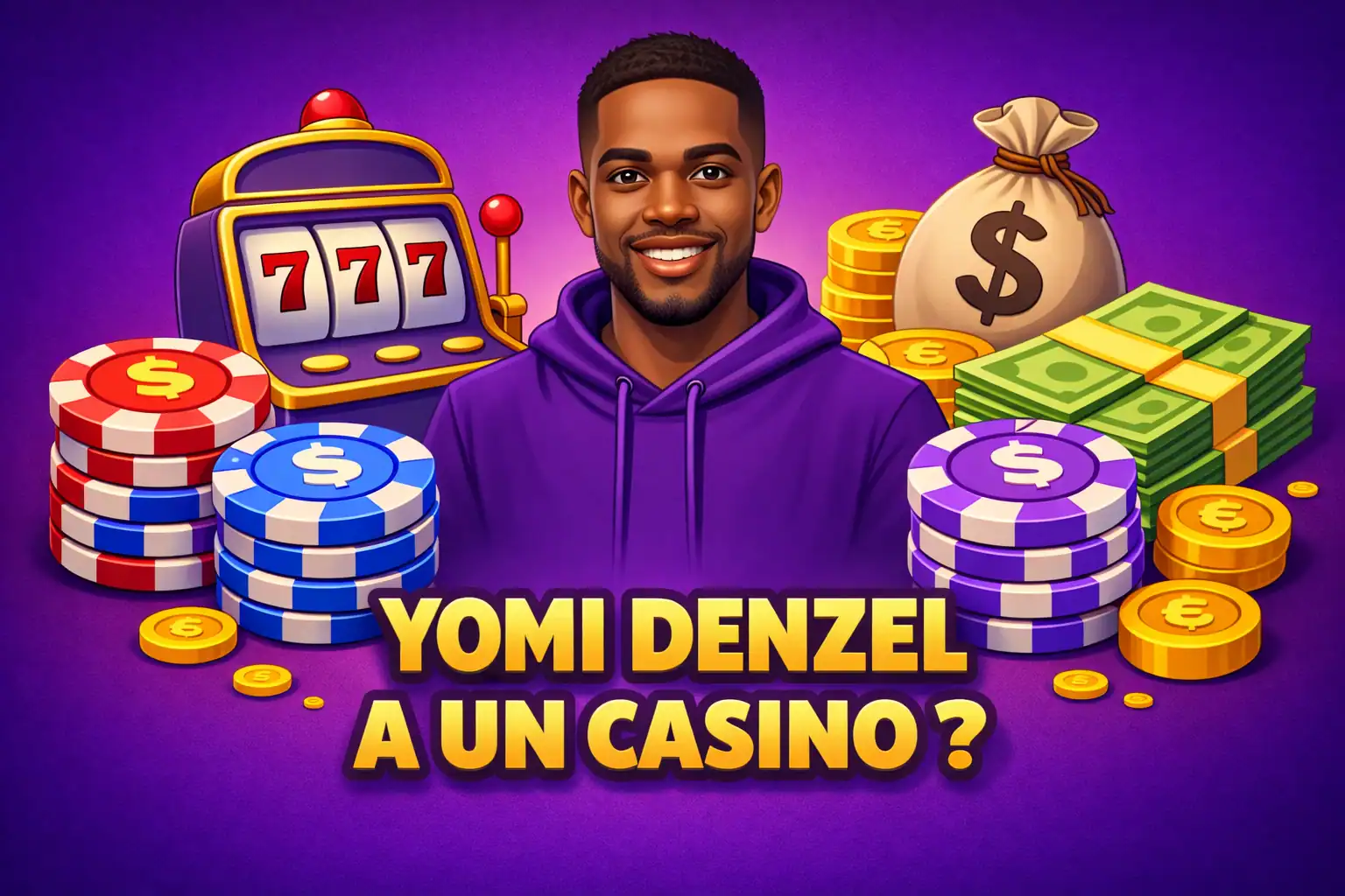 image de la mise en avant sur la page de l'arnaque Yomi Denzel Casino avec la photo de Yomi Denzel, une machine à sous, des jetons et un sac de billets
