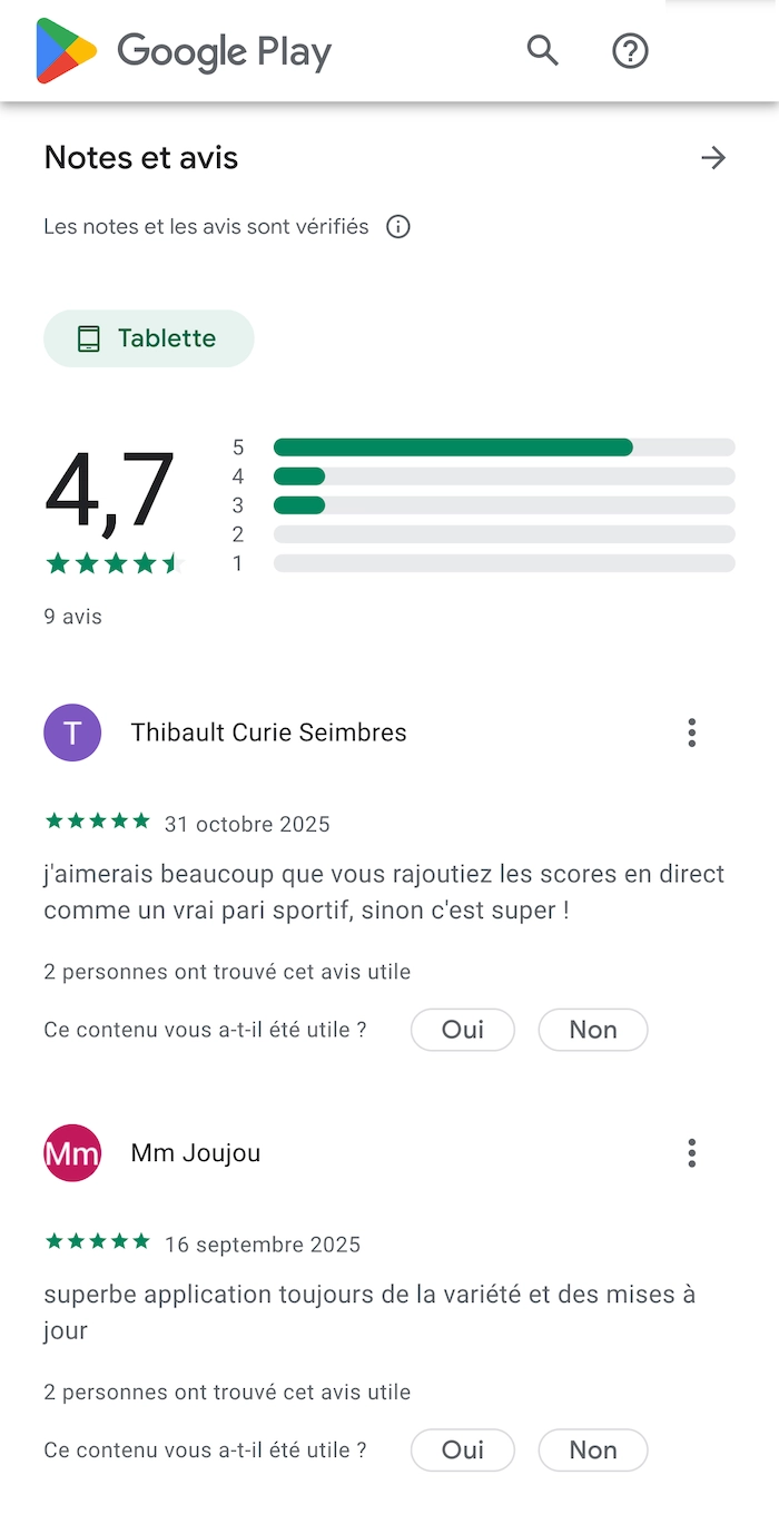 Avis Google Play de l’application Gamby affichant une note moyenne de 4,7 sur 5, avec des commentaires d’utilisateurs soulignant la qualité de l’application, la variété des paris et la demande d’ajout des scores en direct.