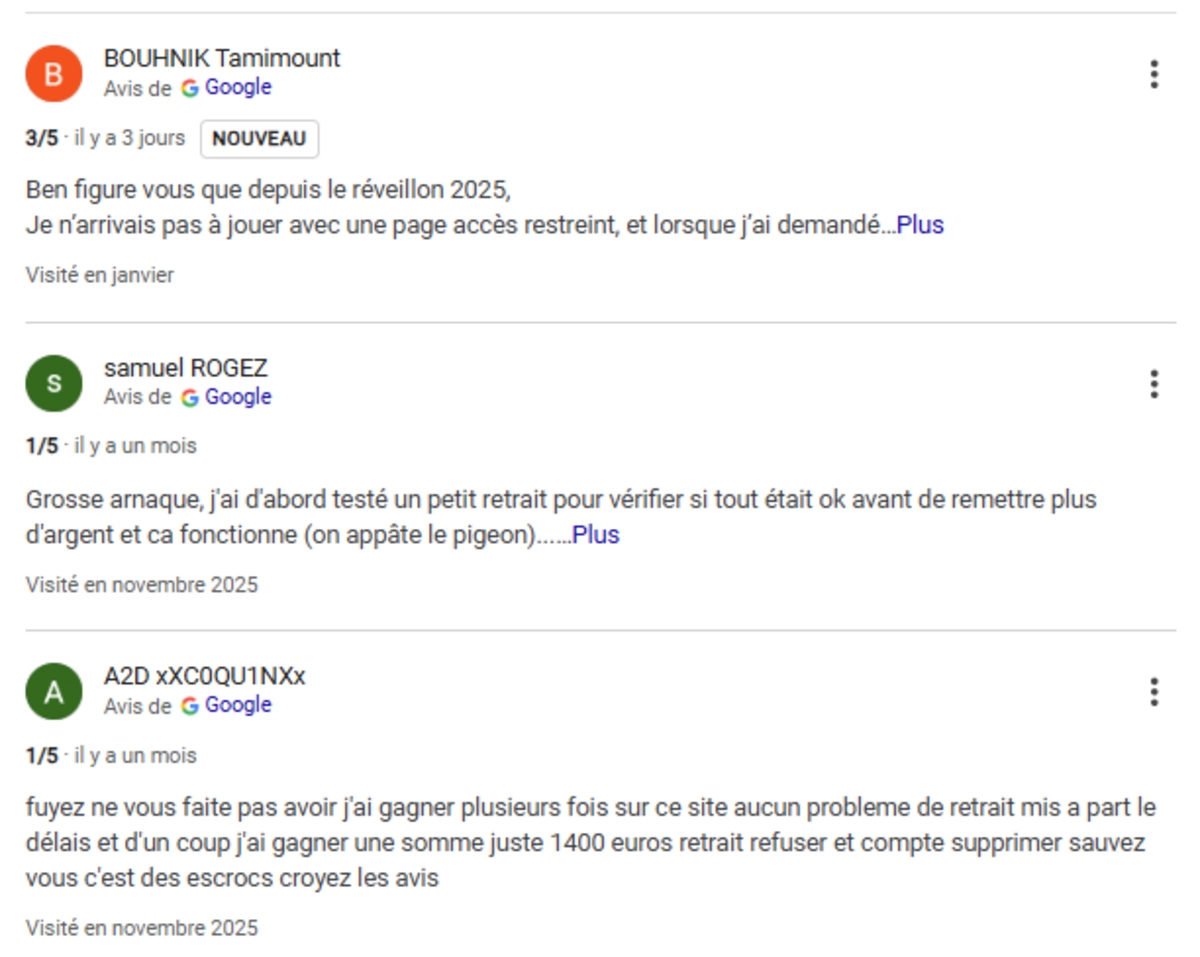 Capture d&rsquo;&eacute;cran des avis Google sur Magical Spin montrant plusieurs commentaires n&eacute;gatifs d&rsquo;utilisateurs avec des notes de 1 &agrave; 3 &eacute;toiles &eacute;voquant des probl&egrave;mes d&rsquo;acc&egrave;s, de retraits et de fiabilit&eacute;.