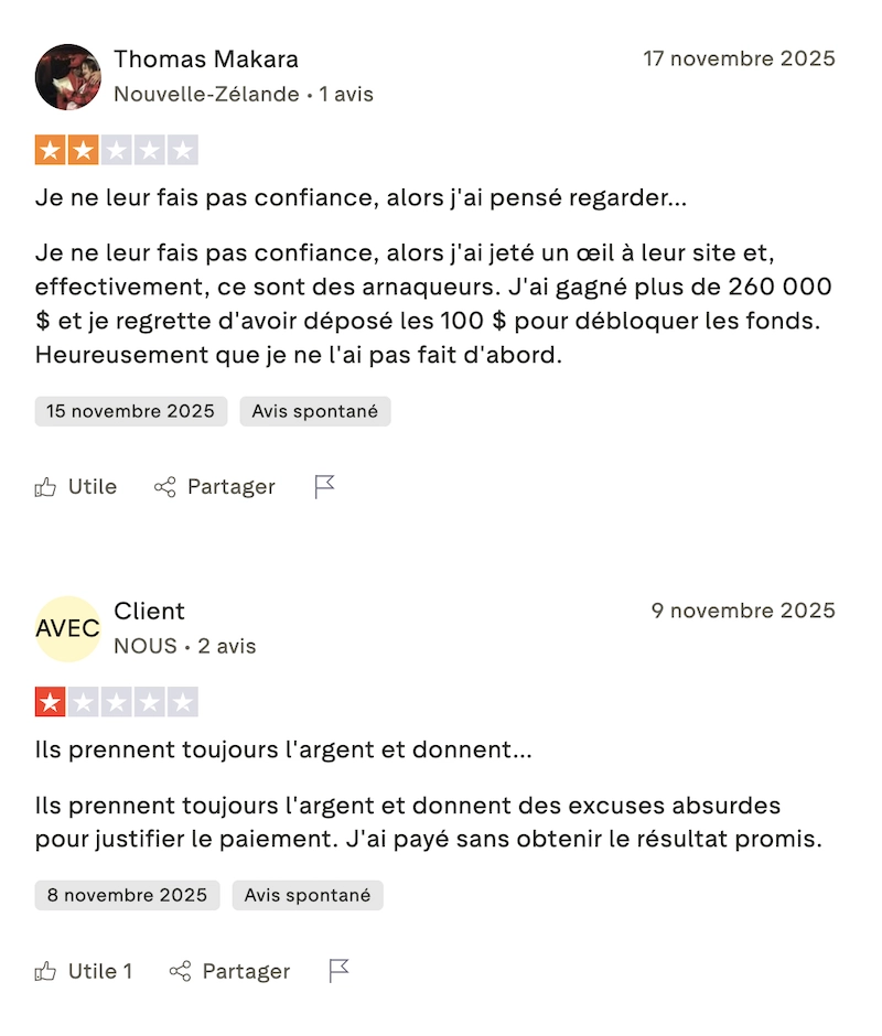 Capture d’un avis Trustpilot accusant Winnerclub d’être une arnaque complète, décrivant des excuses répétées du site pour justifier des paiements supplémentaires sans jamais effectuer de retrait.