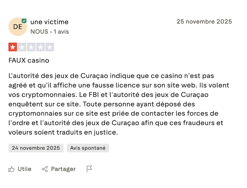 Avis Trustpilot négatif sur Winnerclub signalant un faux casino, accusé d’afficher une fausse licence Curaçao et de voler les cryptomonnaies des joueurs, avec mention d’enquêtes par les autorités selon l’auteur de l’avis.