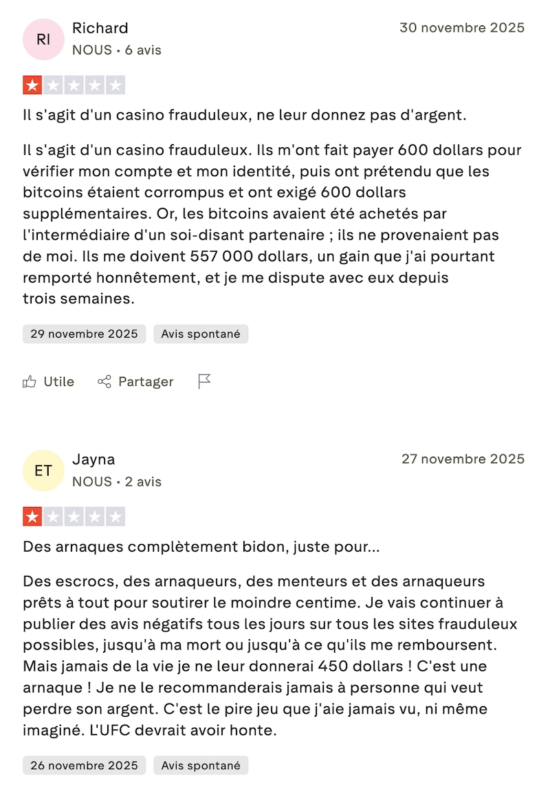 Avis Trustpilot très négatif d’un joueur affirmant que Winnerclub est un casino frauduleux, expliquant avoir payé plusieurs fois pour des vérifications et réclamant plus de 500 000 dollars de gains jamais versés.