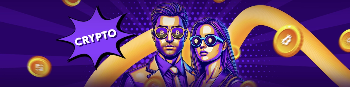 Banni&egrave;re promotionnelle du bonus crypto Simsinos avec un couple stylis&eacute; portant des lunettes crypto et des pi&egrave;ces Bitcoin en arri&egrave;re-plan.