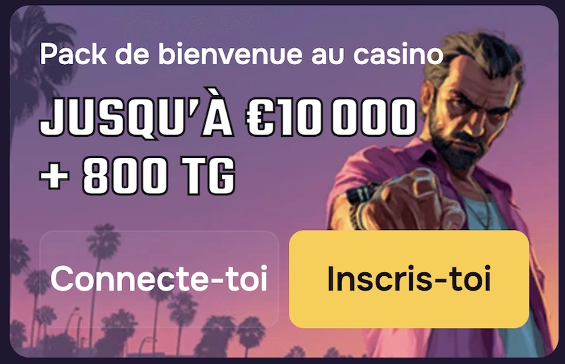 Bannière du pack de bienvenue du casino avec une offre jusqu’à 10 000 € et 800 tours gratuits, boutons « Connecte-toi » et « Inscris-toi », illustration d’un homme pointant du doigt sur fond urbain stylisé.