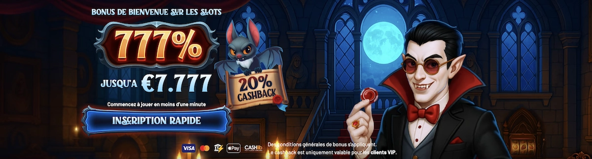 Banni&egrave;re du bonus de bienvenue Dracula Casino avec 777 % jusqu&rsquo;&agrave; 7 777 &euro;