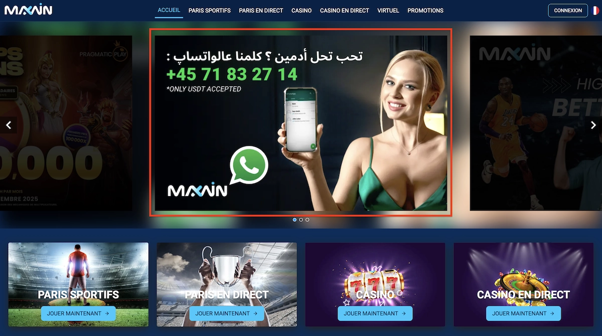 Banni&egrave;re WhatsApp de Maxwin Casino montrant un num&eacute;ro de contact et mention Only USDT Accepted