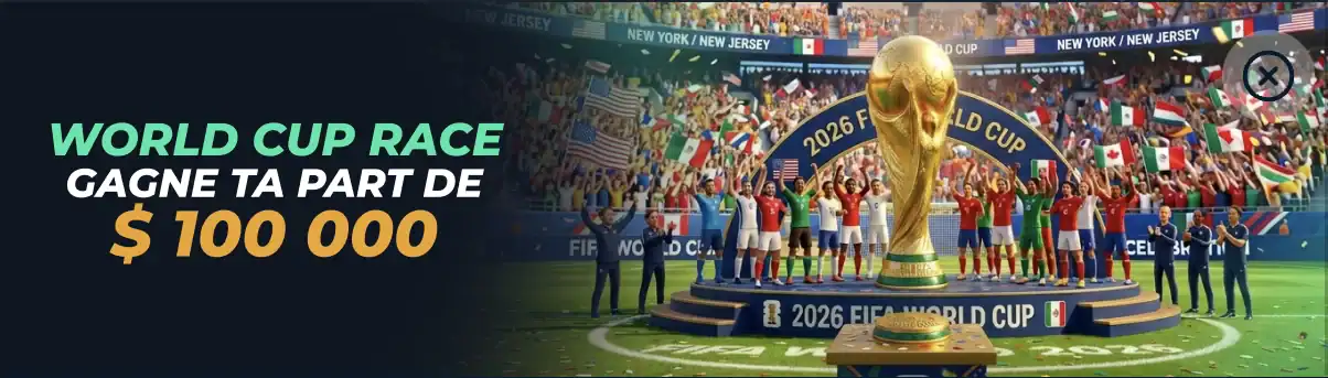 Bannière de la promotion World Cup Race de Rolletto avec 100 000 $ de prix à se partager pour la Coupe du Monde 2026, montrant le trophée doré soulevé par des joueurs sur un podium dans un stade rempli de supporters