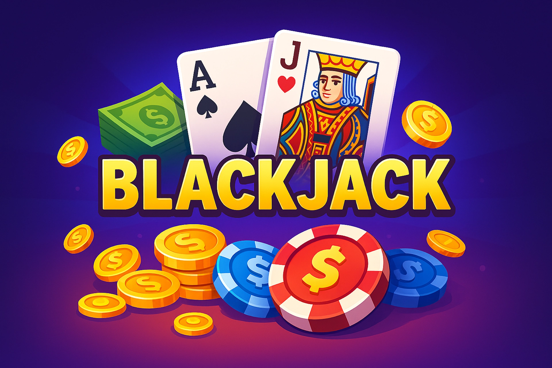 Illustration cartoon style Casinotan du jeu Blackjack avec cartes As et Valet, jetons de casino, piles de billets et pi&egrave;ces dor&eacute;es, texte centr&eacute; &ldquo;BLACKJACK&rdquo; en jaune avec ombrage sur fond d&eacute;grad&eacute; violet-bleu dynamique.