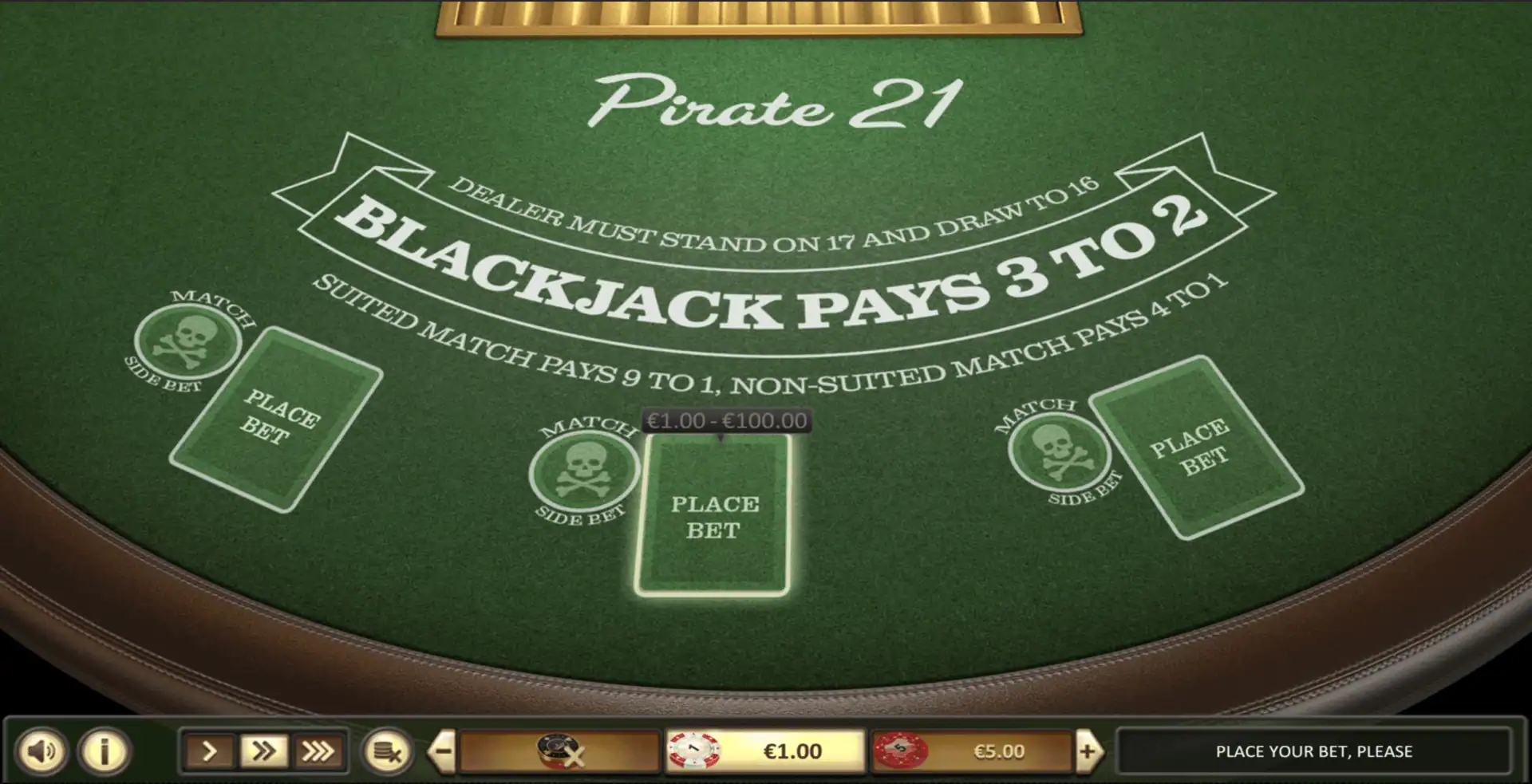 Table du Pirate 21 par Betsoft avec les side bets Match et les règles de paiement imprimées sur un tapis vert classique.