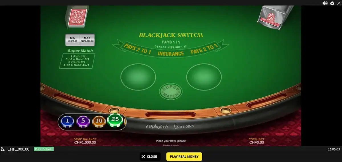 Table du Blackjack Switch par Playtech avec le side bet Super Match et le paiement 1 to 1 affiché.
