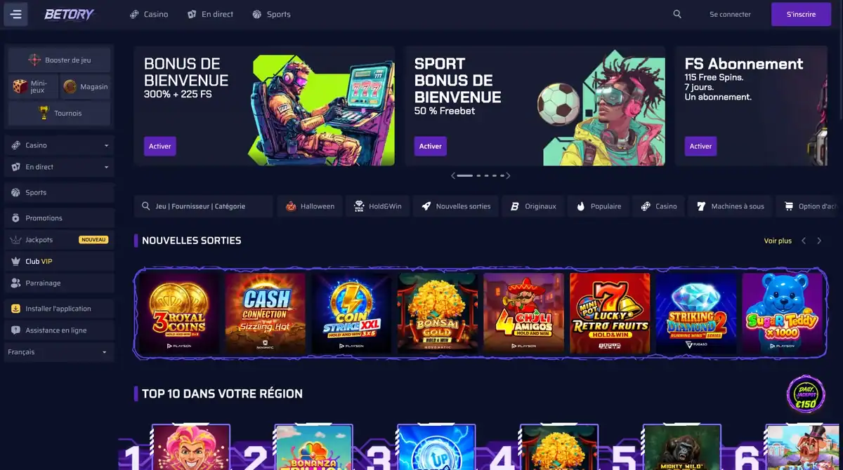 Page d'accueil de Betory Casino avec 3 bannières de bonus dont celle de 300 % plus 225 free spins, et la rangée des nouvelles machines à sous juste en dessous.