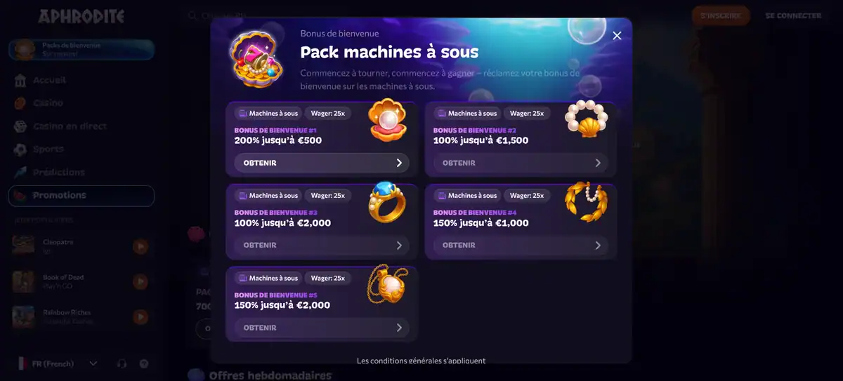 Bannière du bonus de bienvenue d'Aphrodite Casino avec 700% jusqu'à 7 000 euros et 20% de cashback.