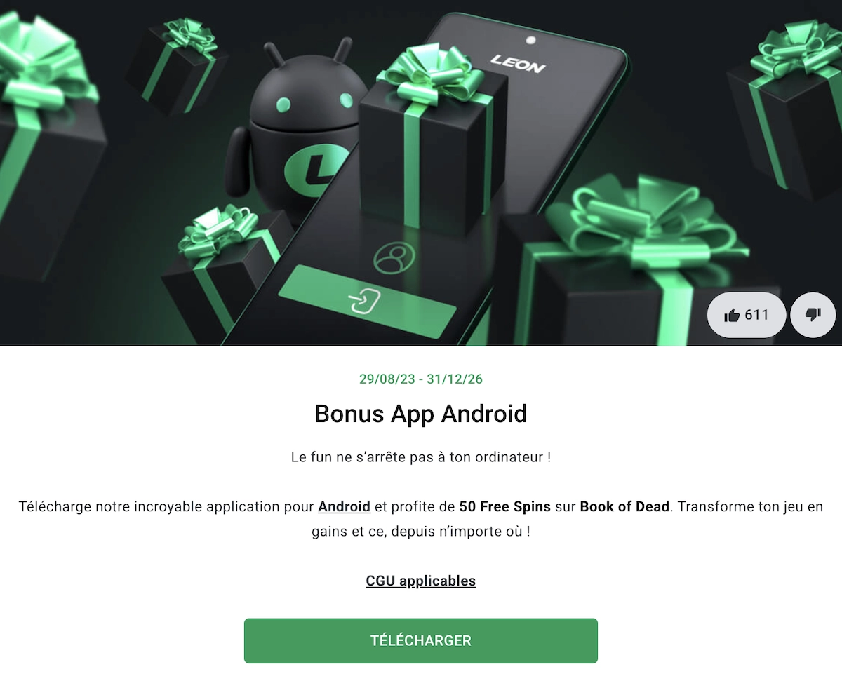 bonus application Android de 50 free spins sur la machine &agrave; sous Book of Dead sur Leon casino