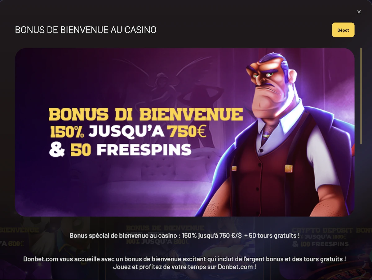 anni&egrave;re du bonus de bienvenue casino Donbet offrant 150 pourcent jusqu&rsquo;&agrave; 750 euros et 50 free spins