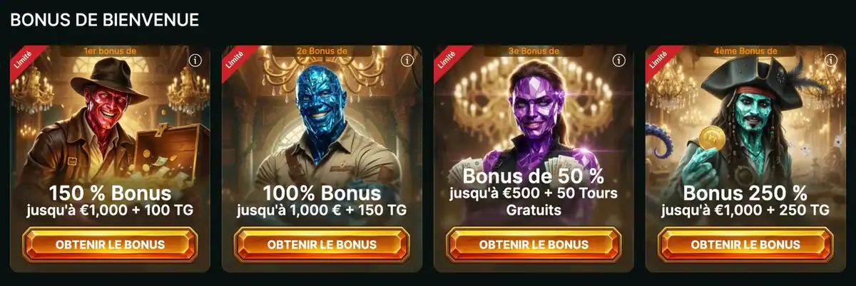 Pack de bienvenue de LuckyGem Casino en 4 bonus avec jusqu'à 1 000 euros et des tours gratuits à chaque depot.