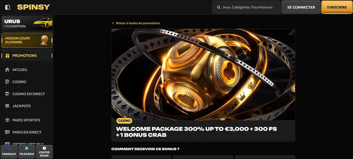 page promotion avec descriptif du bonus de bienvenue Spinsy Casino 300 % jusqu'à 3 000 €