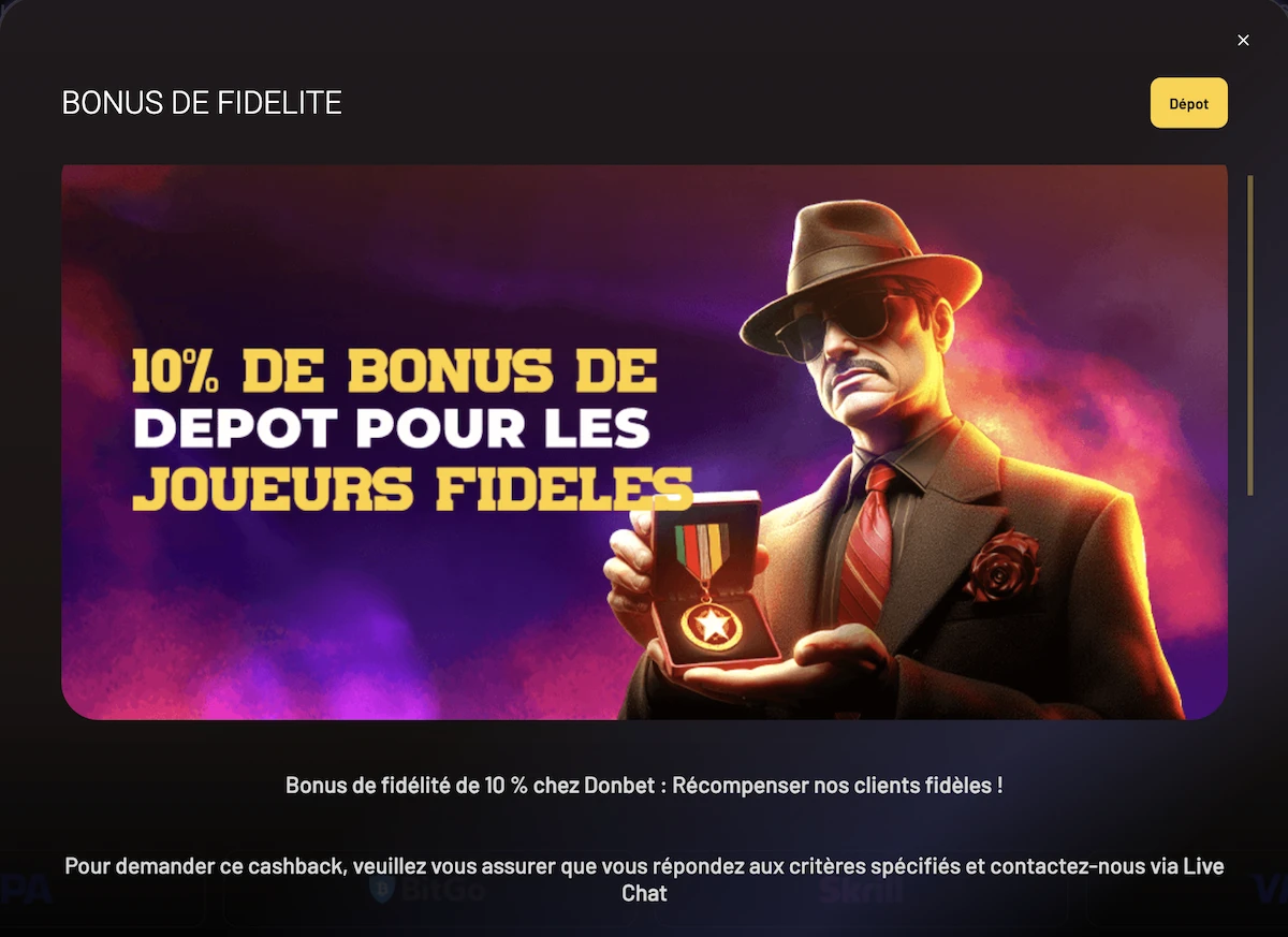 Bonus avec Cashback a 10% du casino en ligne Donbet 