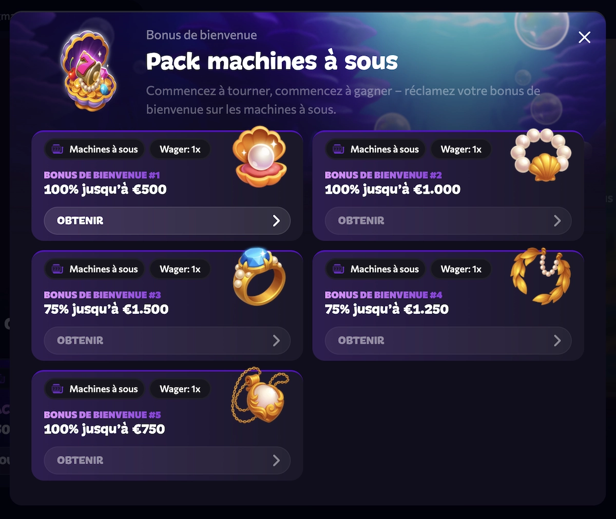Aperçu du bonus de bienvenue sur Aphrodite Casino affichant le pack machines à sous avec cinq offres cumulées jusqu’à 5 000 €.
