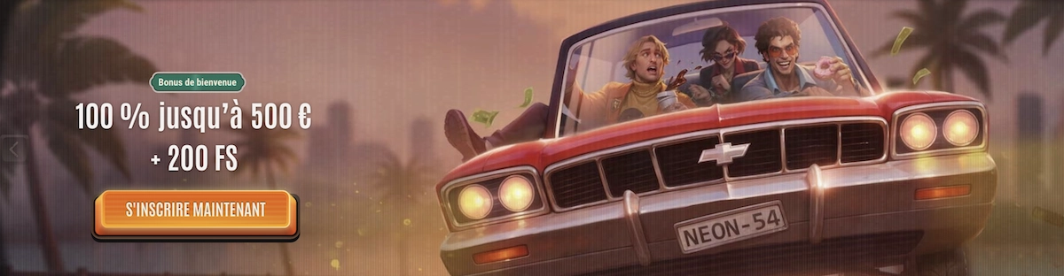 Offre de bienvenue Neon54 avec bonus de 100 % jusqu&rsquo;&agrave; 500 &euro; et 200 free spins sur fond r&eacute;tro en voiture d&eacute;capotable