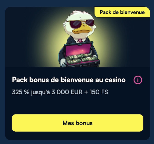 Bonus de bienvenue sur Fanobet Casino affichant une offre de 325 % jusqu&rsquo;&agrave; 3 000 &euro; et 150 free spins avec la mascotte du site tenant une mallette de billets