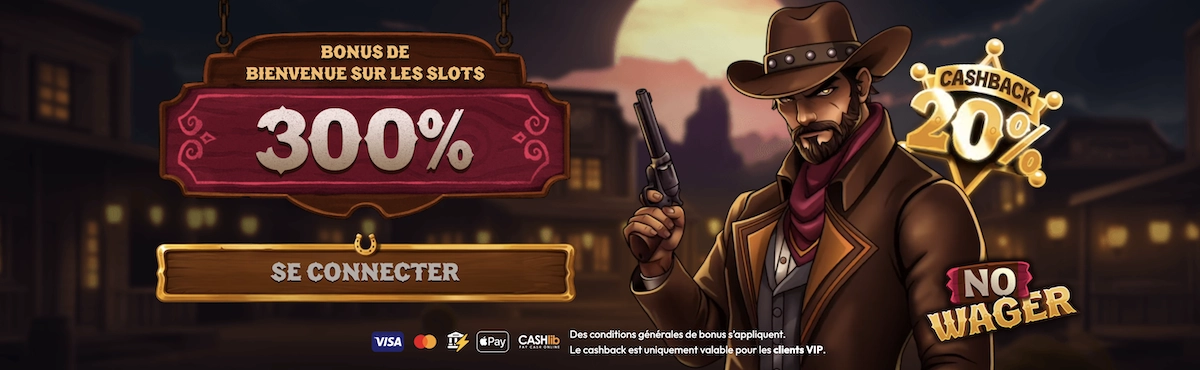 Bannière du bonus de bienvenue MadCasino affichant 300 % sur les slots et 20 % de cashback pour les VIP
